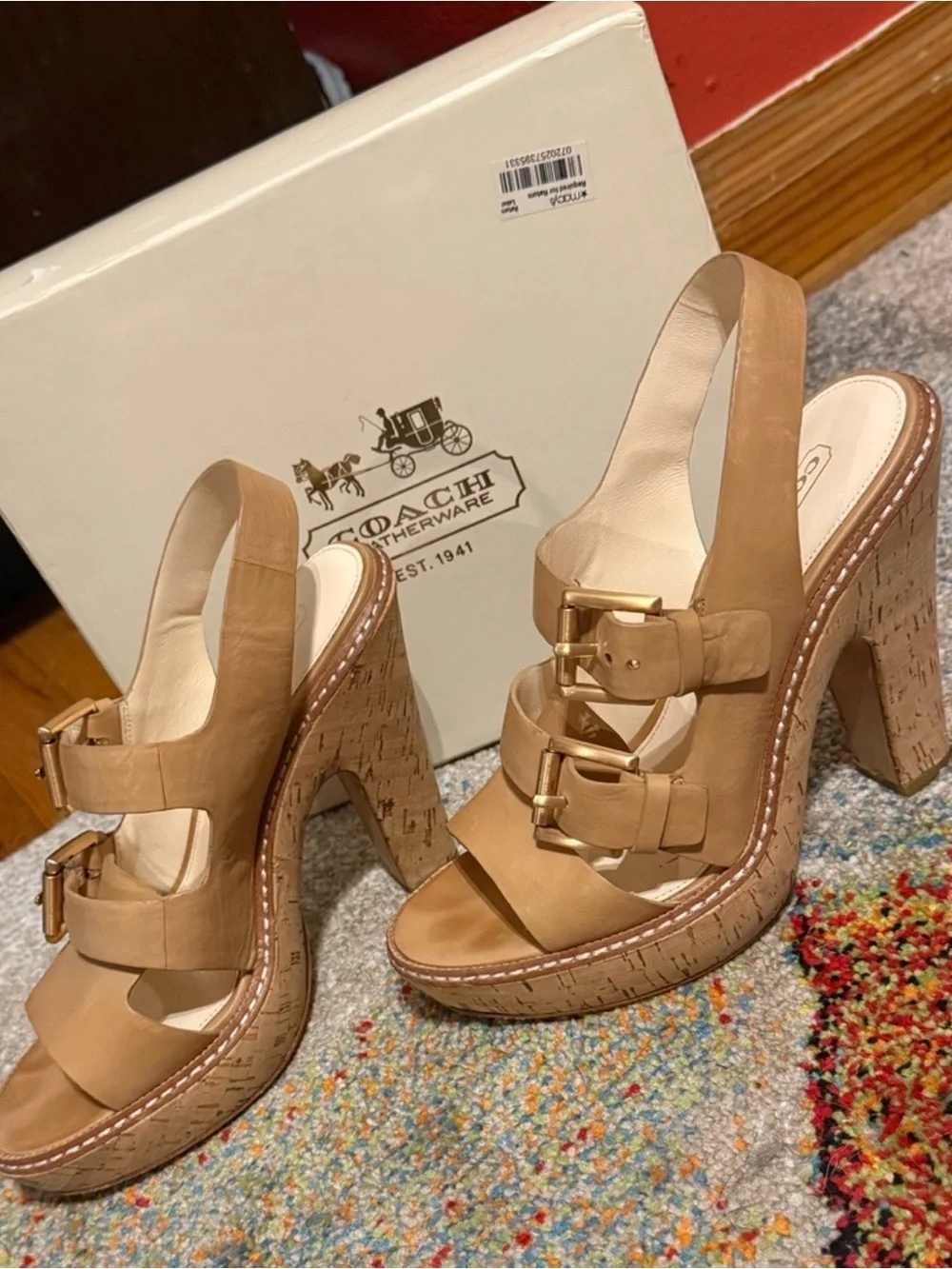 Coach Brown Genuine Leather Platform Slingback Heels / Block 4” heel